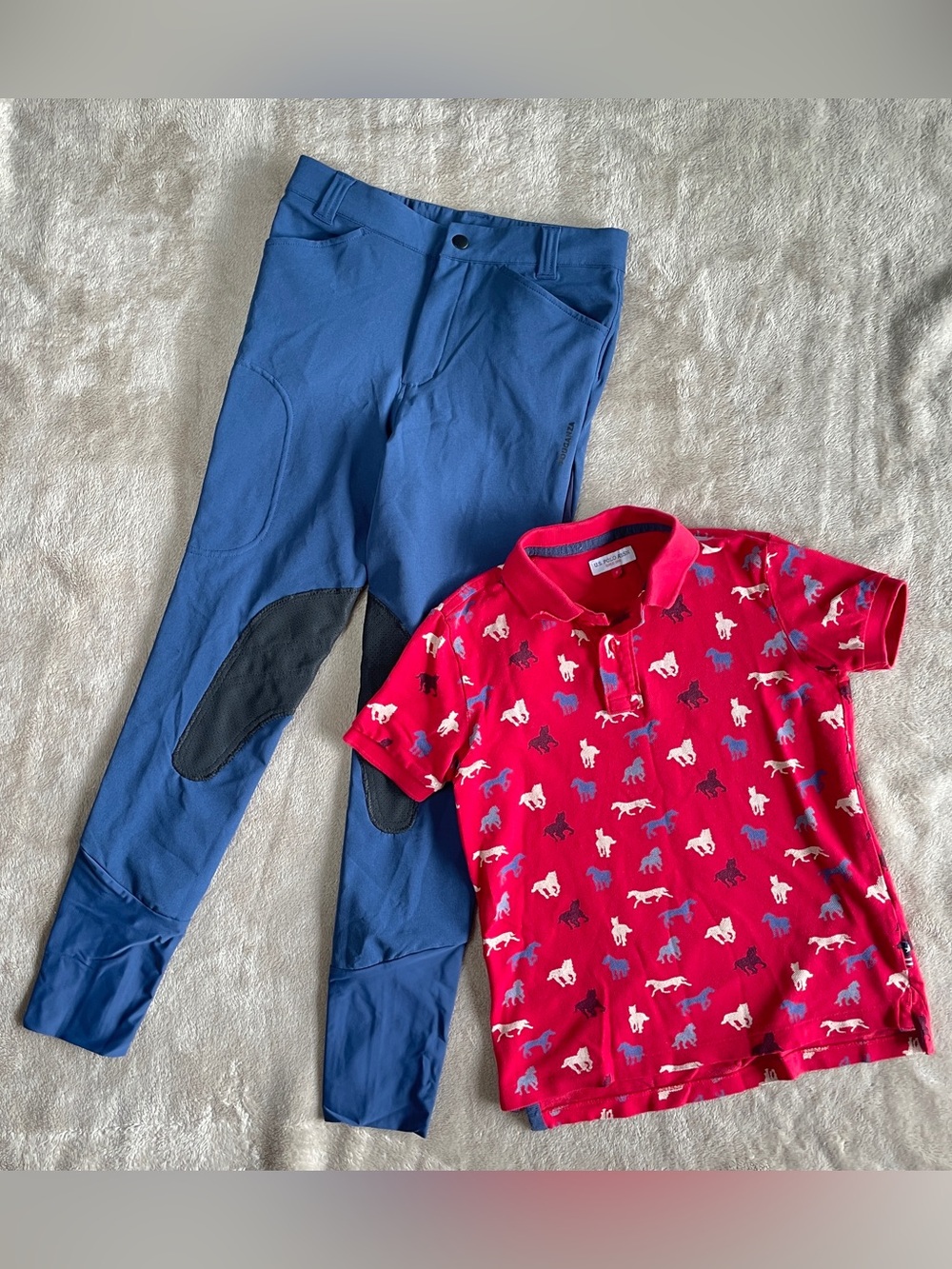 Fouganza kids equestrian riding blue breeches and polo shirt set